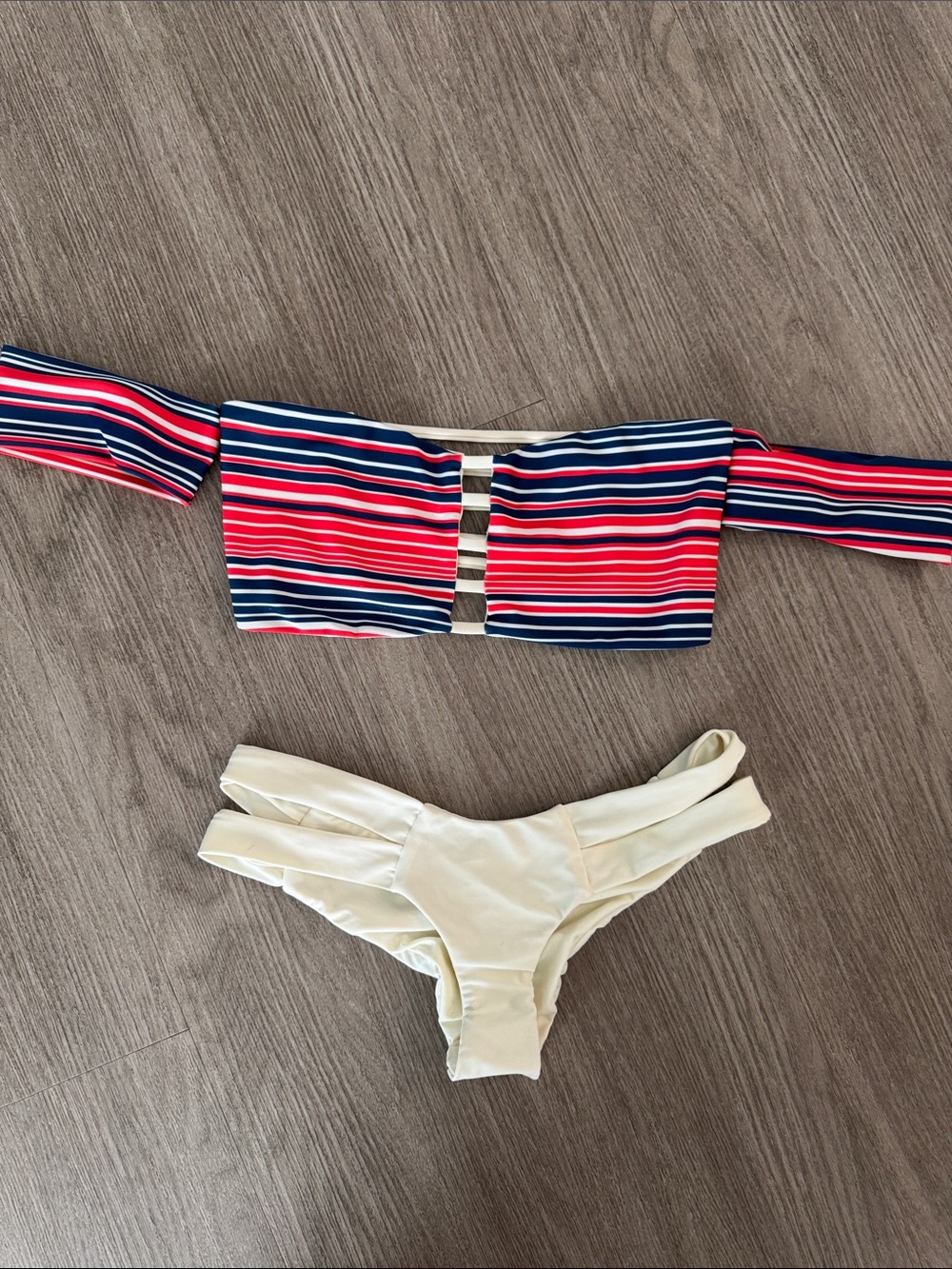 Women’s Stripe Off-Shoulder Swim Top and Cream Bottom Set